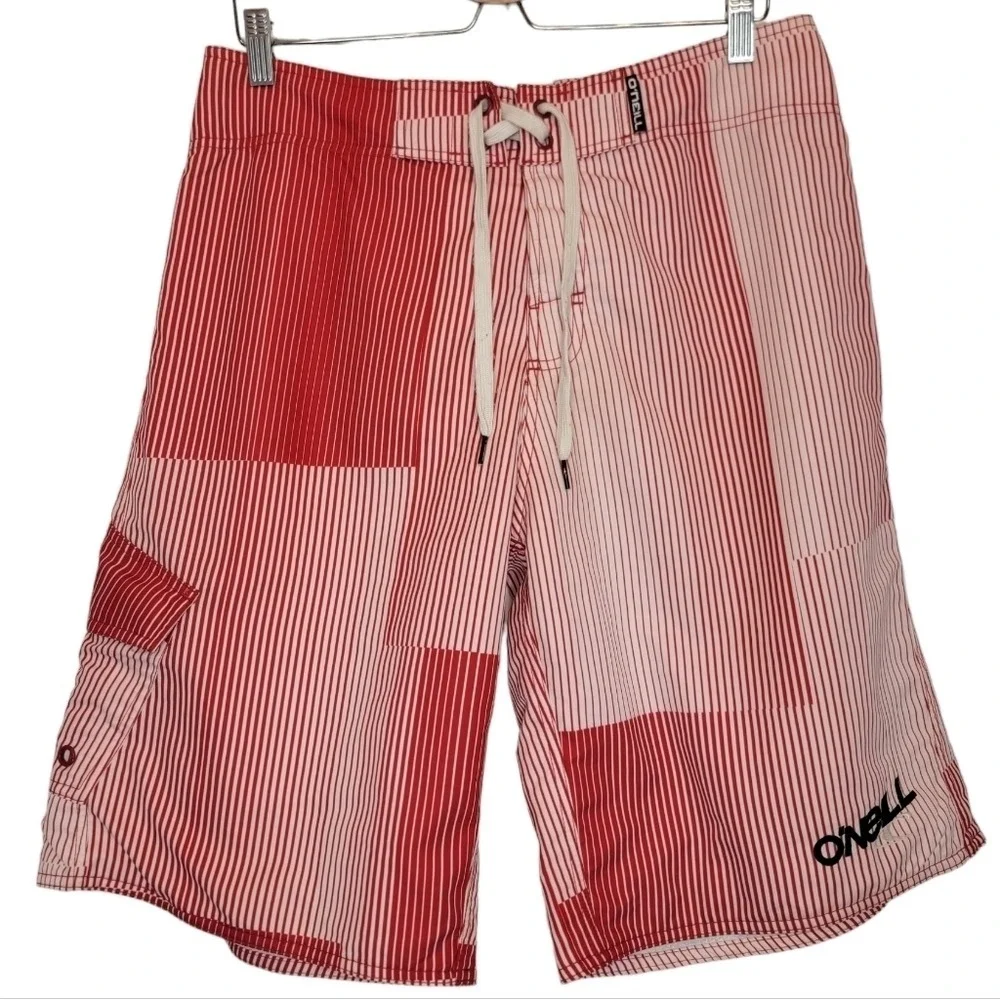 O'NEILL Warmond Striped Seersucker Board Shorts Orange Men Sz 32 Pockets Surfing